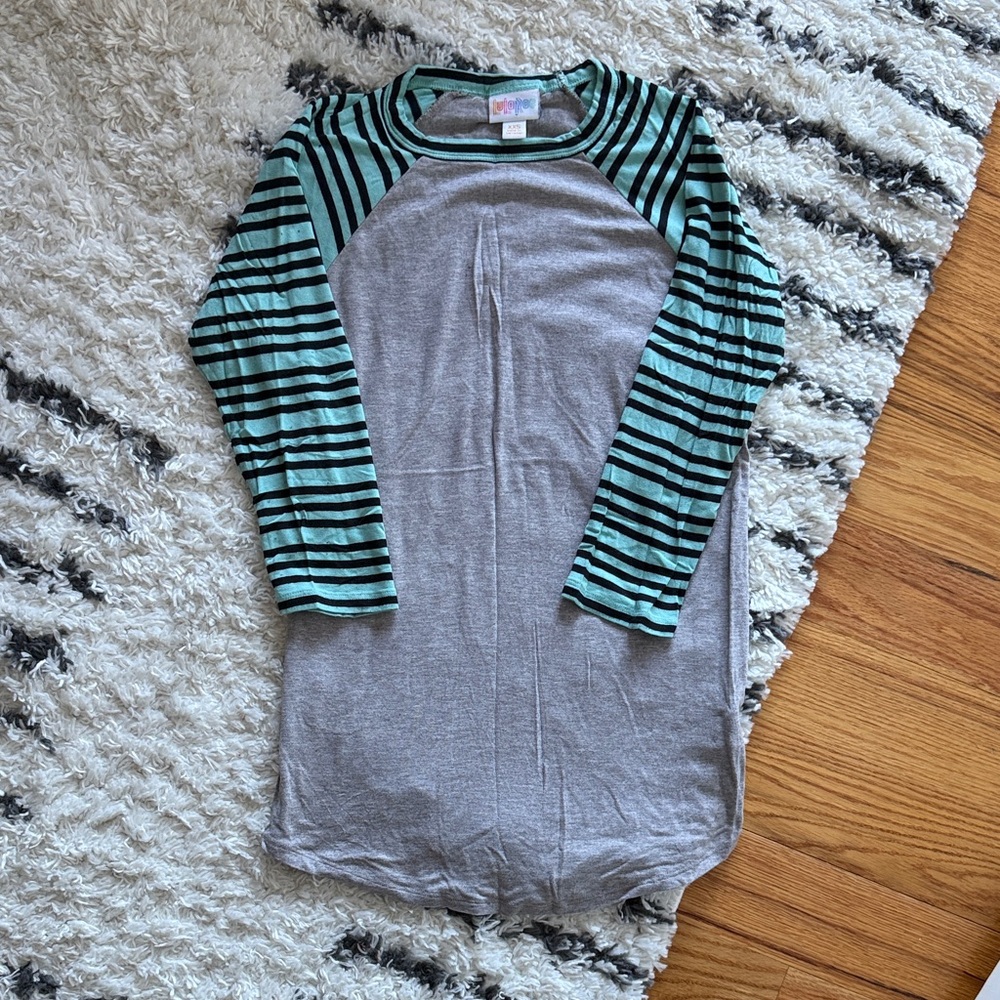 LuLaRoe Raglan Long Sleeve Top - Gray with Teal & Black Stripes